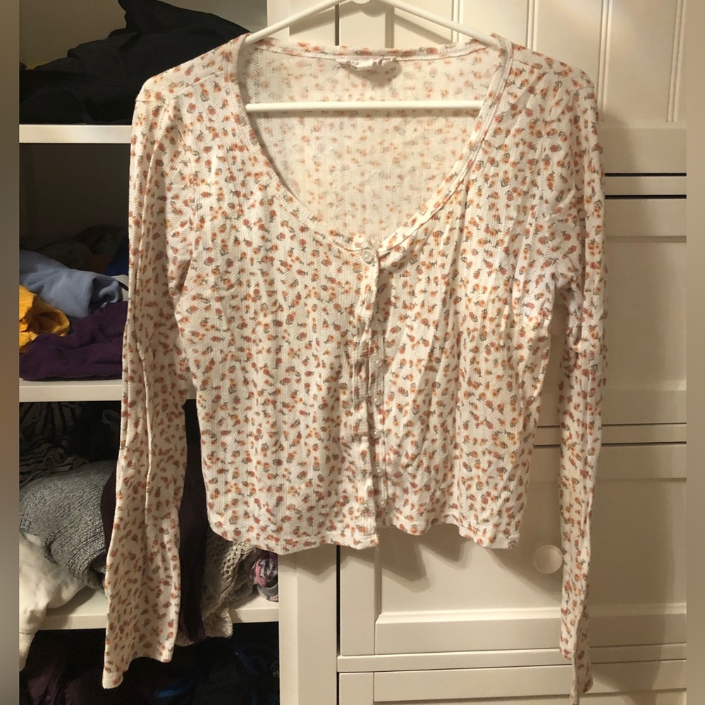 Pink Rose Button Front Semi-Sheer Textured Flower Pattern Super Comfy Crop Top